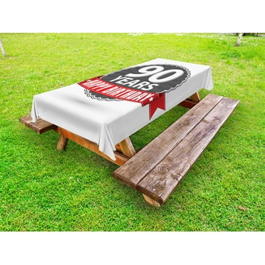 90th Birthday Outdoor Tablecloth, Retro Style Label with Red Ribbon and Vintage Emblem Stars Classical, Decorative Washable Fabric Picnic Tablecloth, 58 X 120 Inches, Red Grey White, by Ambesonne