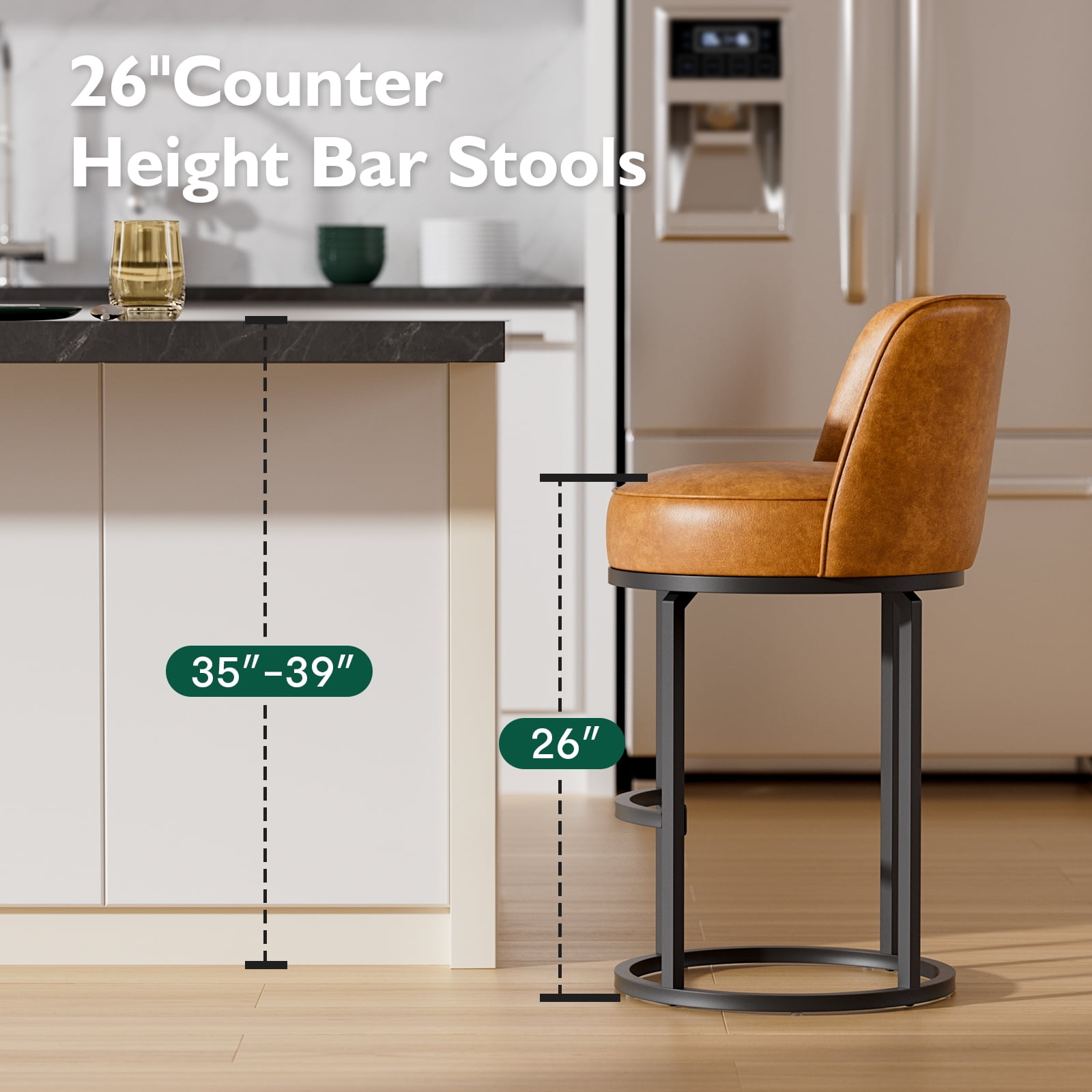 Genpo Bar Stools Set of 4, 26 inch Counter Height Bar Stools, Swivel Brown Leather Barstools with Backs, Round Base, Footrest, Metal Legs for Kitchen Island