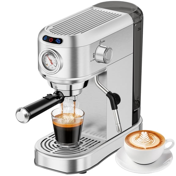 Espresso Machine 20 Bar, Compact Espresso Maker, Stainless Steel Expresso Coffee Machines with Steam Milk Frother & 34oz Removable Water Tank for Home Latte, Cappuccino, Silver
