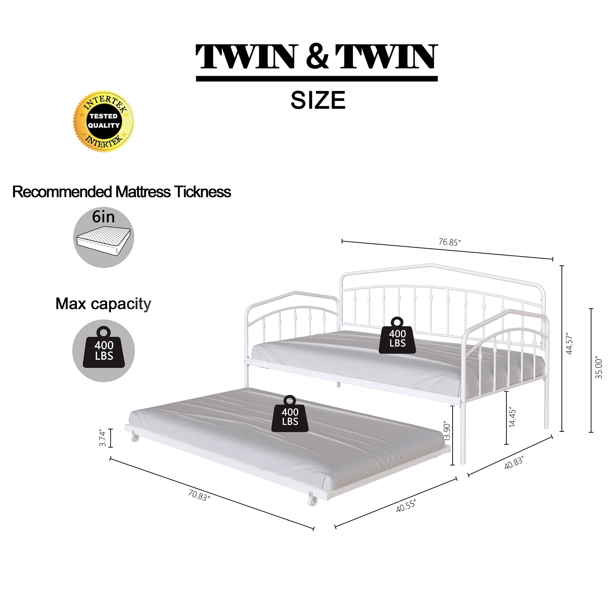 Miniyam Metal Twin Daybed with Pull Out Twin Trundle,Trundle Bed for Living Room Guest Room,White(Mattress not included)