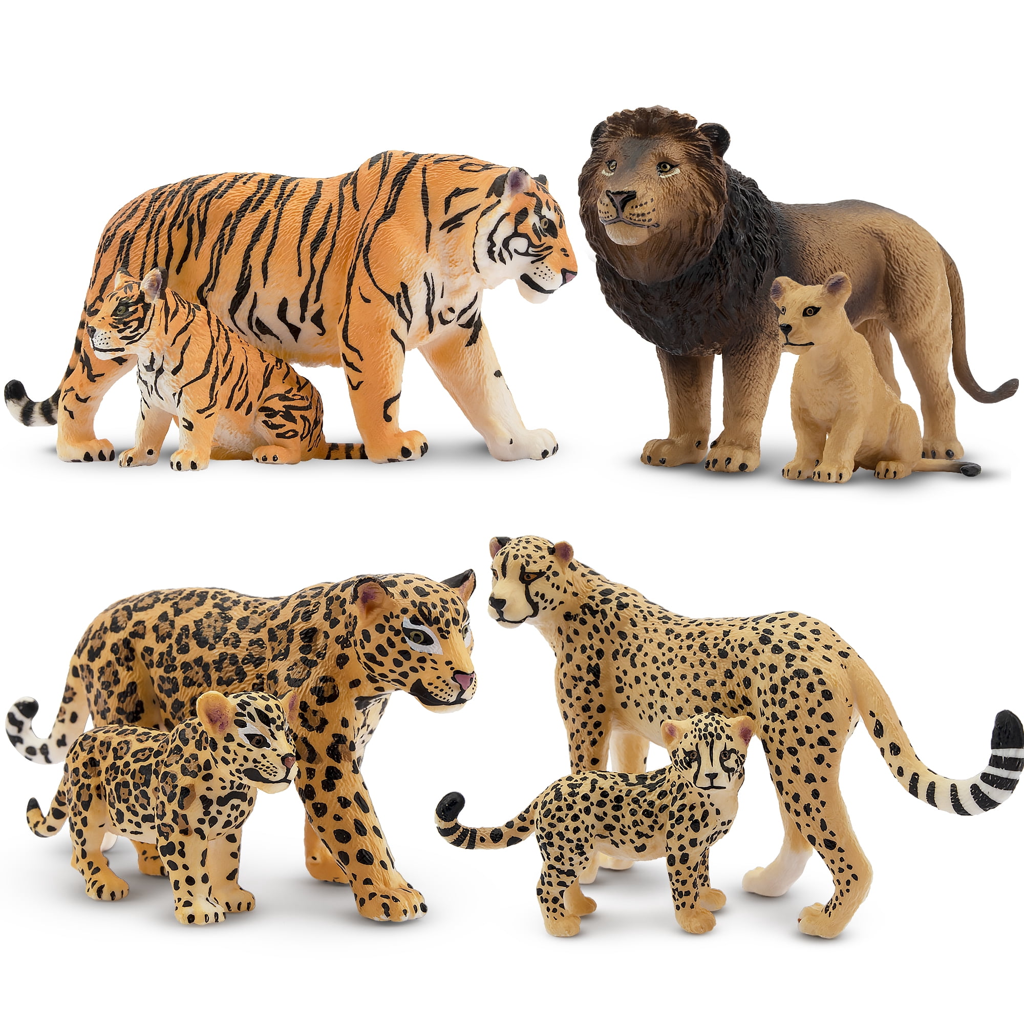 Toymany 8PCS 2-5 Plastic Jungle Animals Figure Playset Includes Baby Animals Realistic Lion Tiger Cheetah Leopard Figurines with Cub Cake Toppers Christmas Birthday Toy Gift for Kids Toddlers