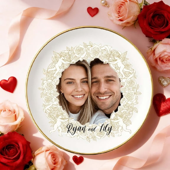 Oioii Custom Round Phnom Penh Ceramic Jewelry Tray - Personalized Text/Photo Ring Storage Plate for Valentine's Day & Birthday Gifts, Ambiance Decor, Romantic Home, G