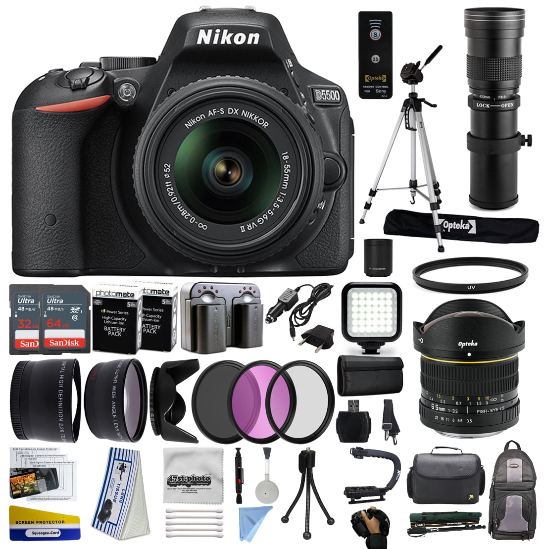 Nikon D5500 Digital Camera 18 55mm Lens 6 5mm F 3 5 Fisheye Lens 4 1600mm F 8 3 Telephoto Lens 128gb Memory 2 Battery Charger Led Light Monopod Tripod Backpack Case Filters Walmart Com Walmart Com