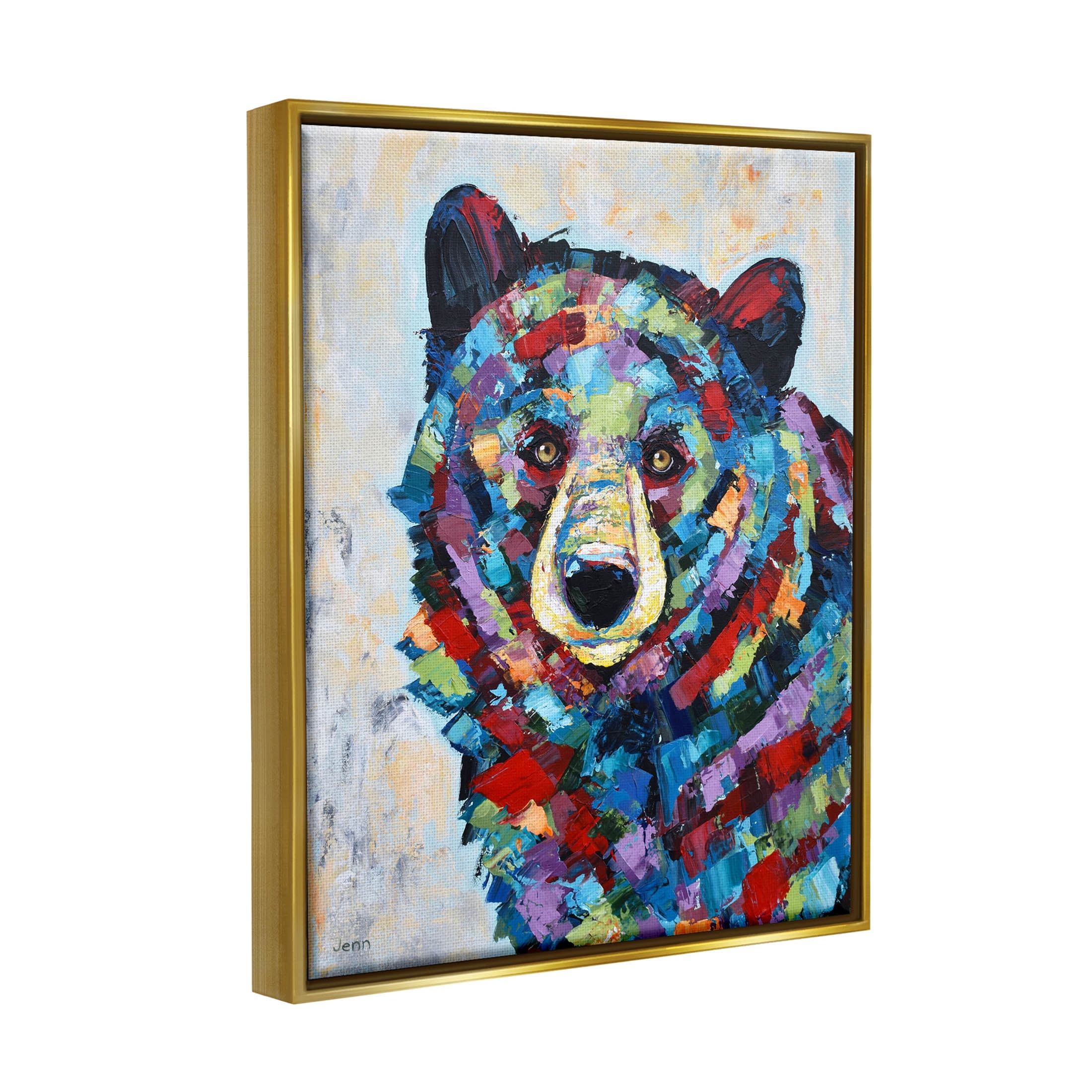 Geometric Hued Abstract Bear Animals & Insects Painting Metallic Gold Framed Art Print Wall Art
