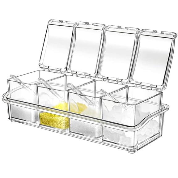 1 Set 4-Cell Clear Spice Seasoning Box for Kitchen, Transparent Condiment Containers with Lid & Spoon, 4 Pieces Plastic Empty Seasoning Rack Spice Pots Jars for Salt Sugar Cruet Storage
