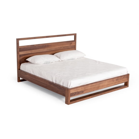 Lina Queen Size Bed with Plank Style Tall Headboard, Modern Walnut Brown