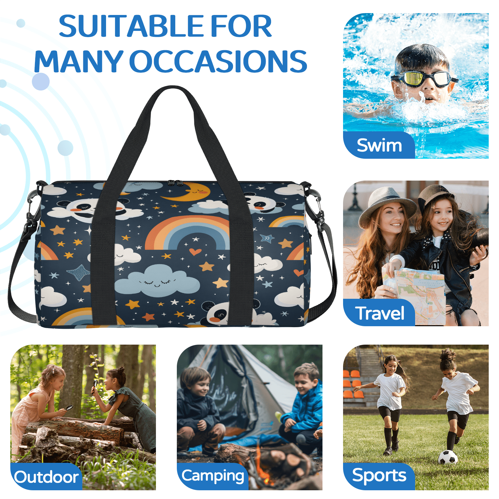Herdesigns Cute Pandas Gym Bag for Women, Duffle Bag for Travel Sport, Rainbow Cloud Star Lightweight Waterproof Carry on Weekender Dance Yoga Workout Bags