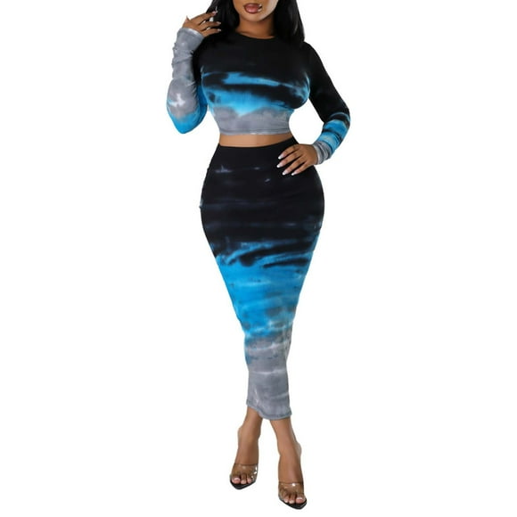 TSADFHJI Satin Skirts for Women Mini Women's Body Hugging Fashion Stripe Pattern Long Sleeved Top and Pencil Skirt Set L Blue