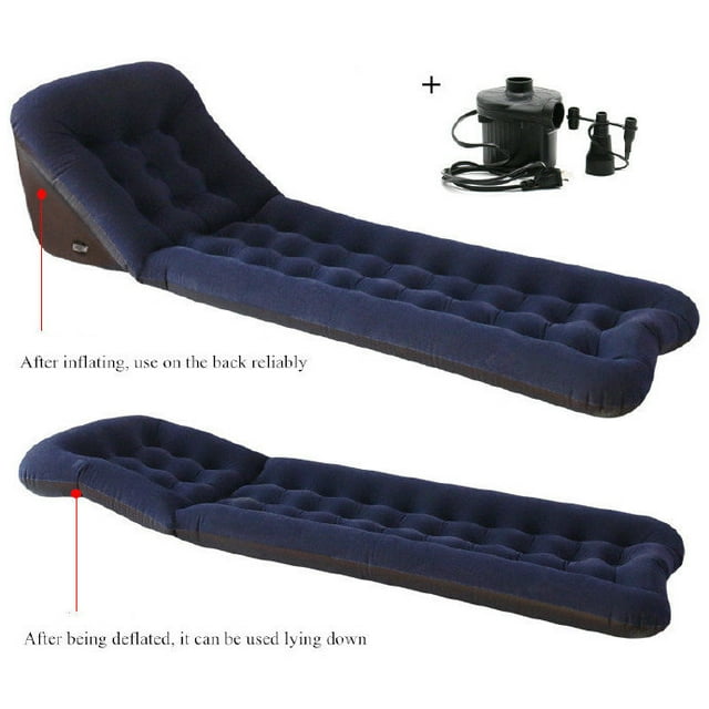 Outdoor Camping Air Mattress, Sleeping Pad Inflatable Luxury Airbed Self-Compressible Damp Proof Portable Sleeping Air Mattress Deep Blue (Mouth Blowing Style + With An Air Pump)