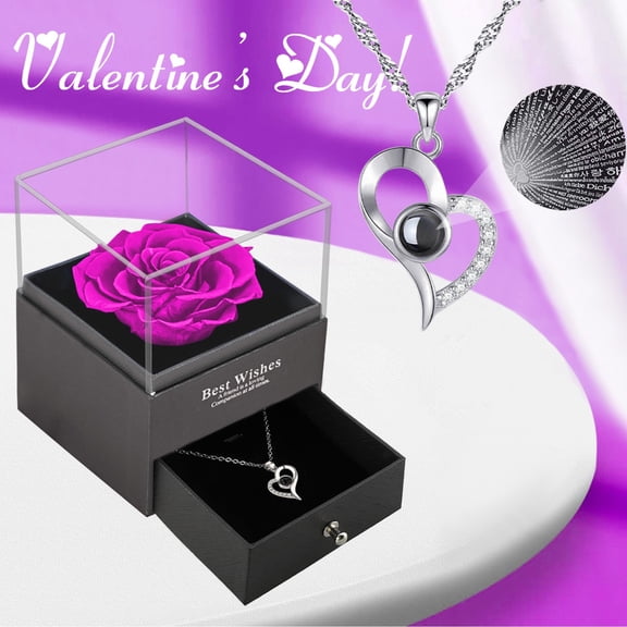 FENGGHAO Mothers Day Preserved Rose Gift Box with Silver Heart Necklace Everlasting Flower and Jewelry Set Romantic Eternal Rose Keepsake for Mom