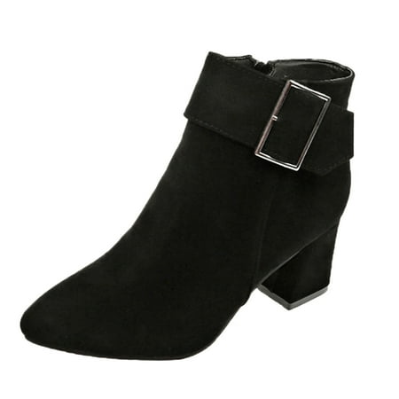 

Ankle Boots for Women Suede Fashion Thick Boots Heel Women s Ankle Buckle Belt Zipper Pointed women s boots Flock Dress Sandals for Women Black