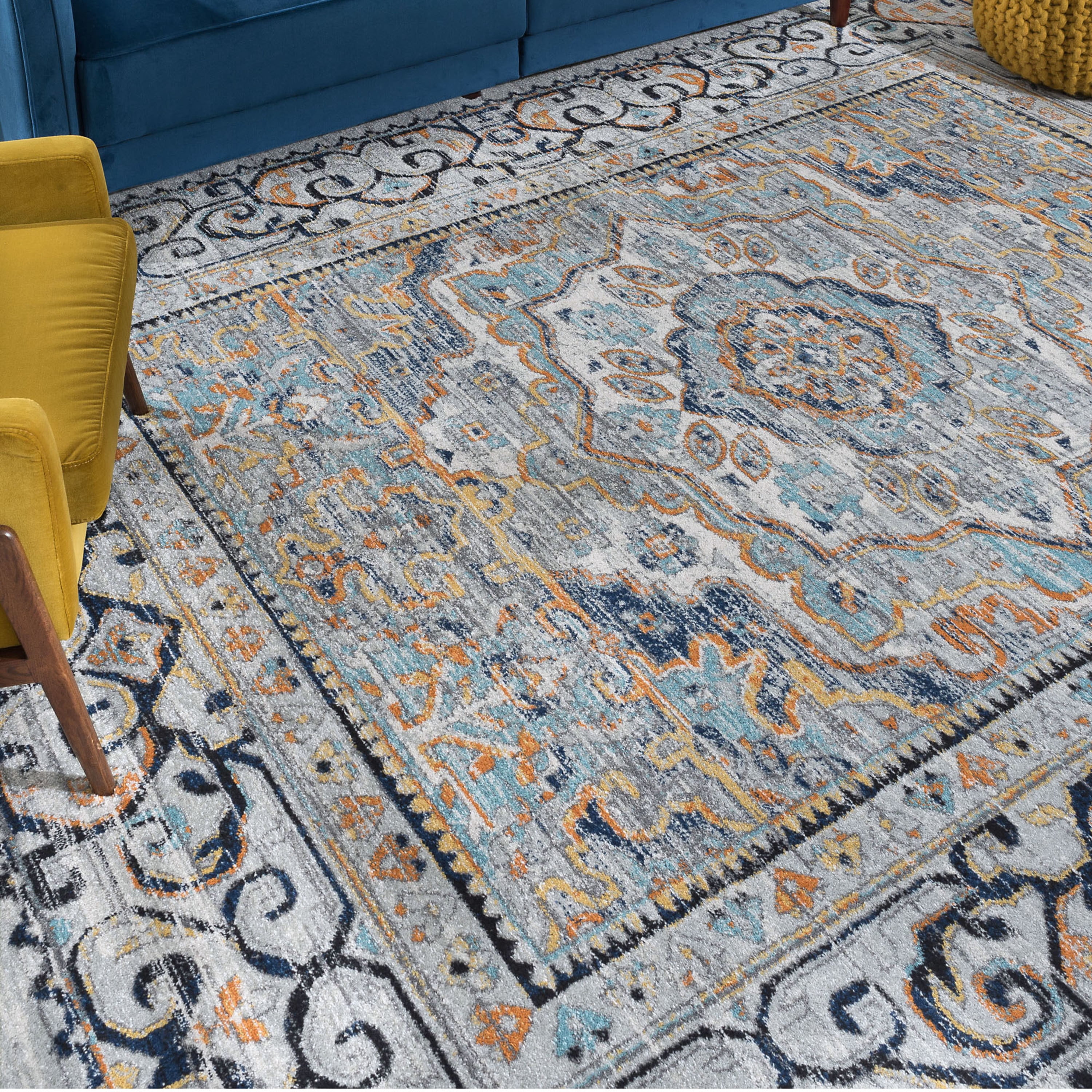 Transitional 8x10 Area Rug (7'10'' x 10'3'') Medallion Blue, Gray Living Room Easy to Clean