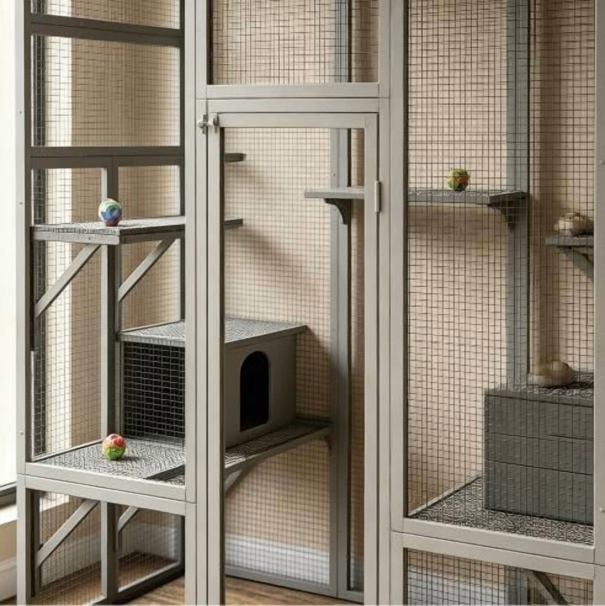 ZephyPaws 70in Outdoor Cat Catio Enclosures Large Wooden Cat House Patio for Indoor Cats Feral Cat Shelter with Espace Doors,2 Resting Rooms,5 Platforms,Gray
