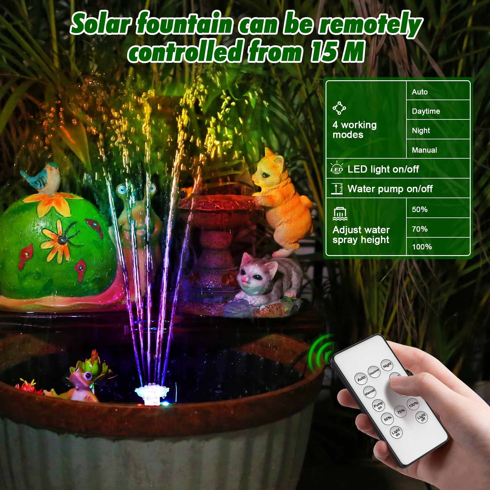 AISITIN 10W Solar Fountain with LED Colorful Lights & 3000mhA Battery, 2024 Upgraded Solar Bird Bath Fountain with Fixed Bracket, Remote Control Solar Water Fountain Pump for Bird Bath, Pools and Outd