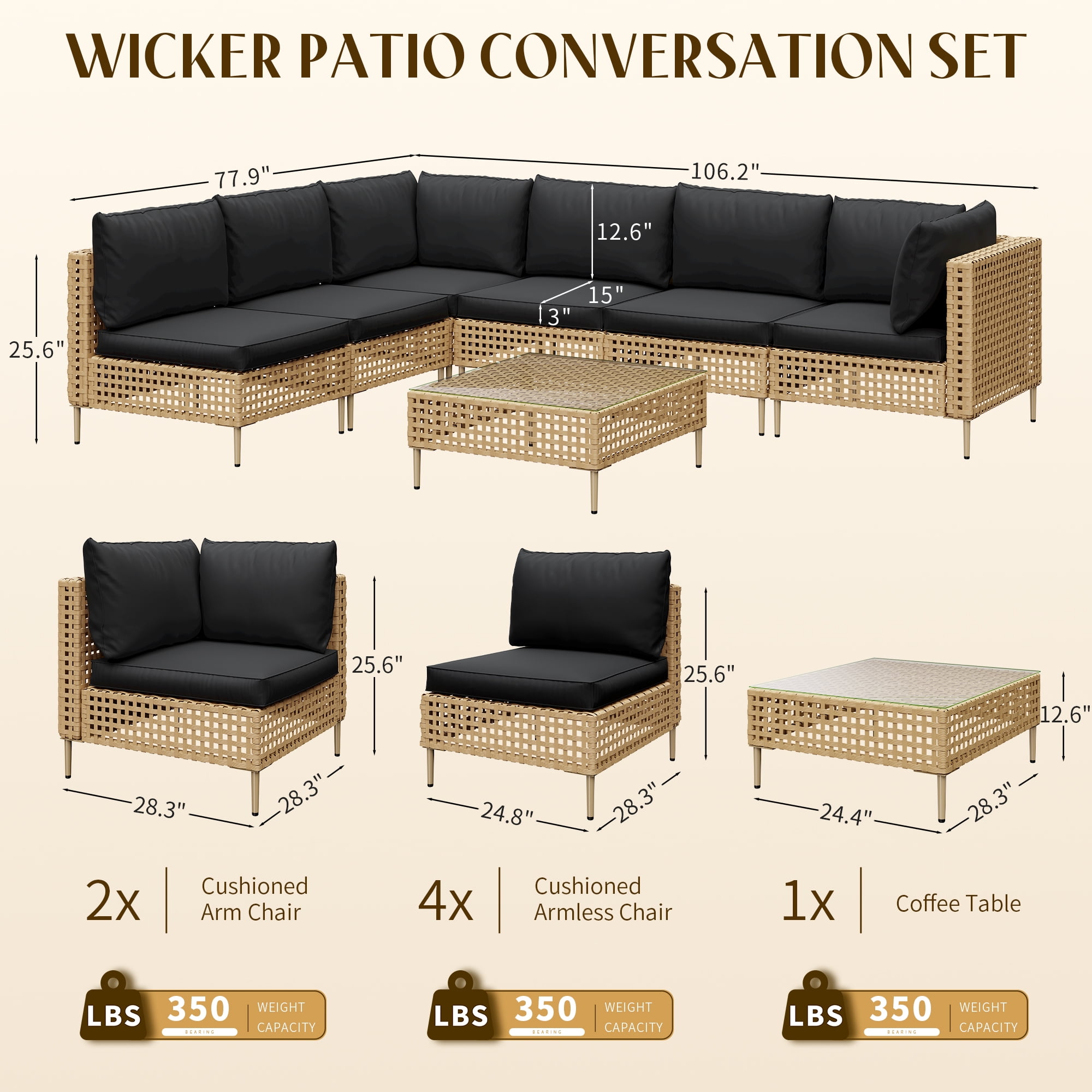 LHBcraft 7-Piece Wicker Patio Furniture Set, Boho Outdoor Conversation Set Sectional Sofa with Water Resistant Thick Cushions and Coffee Table