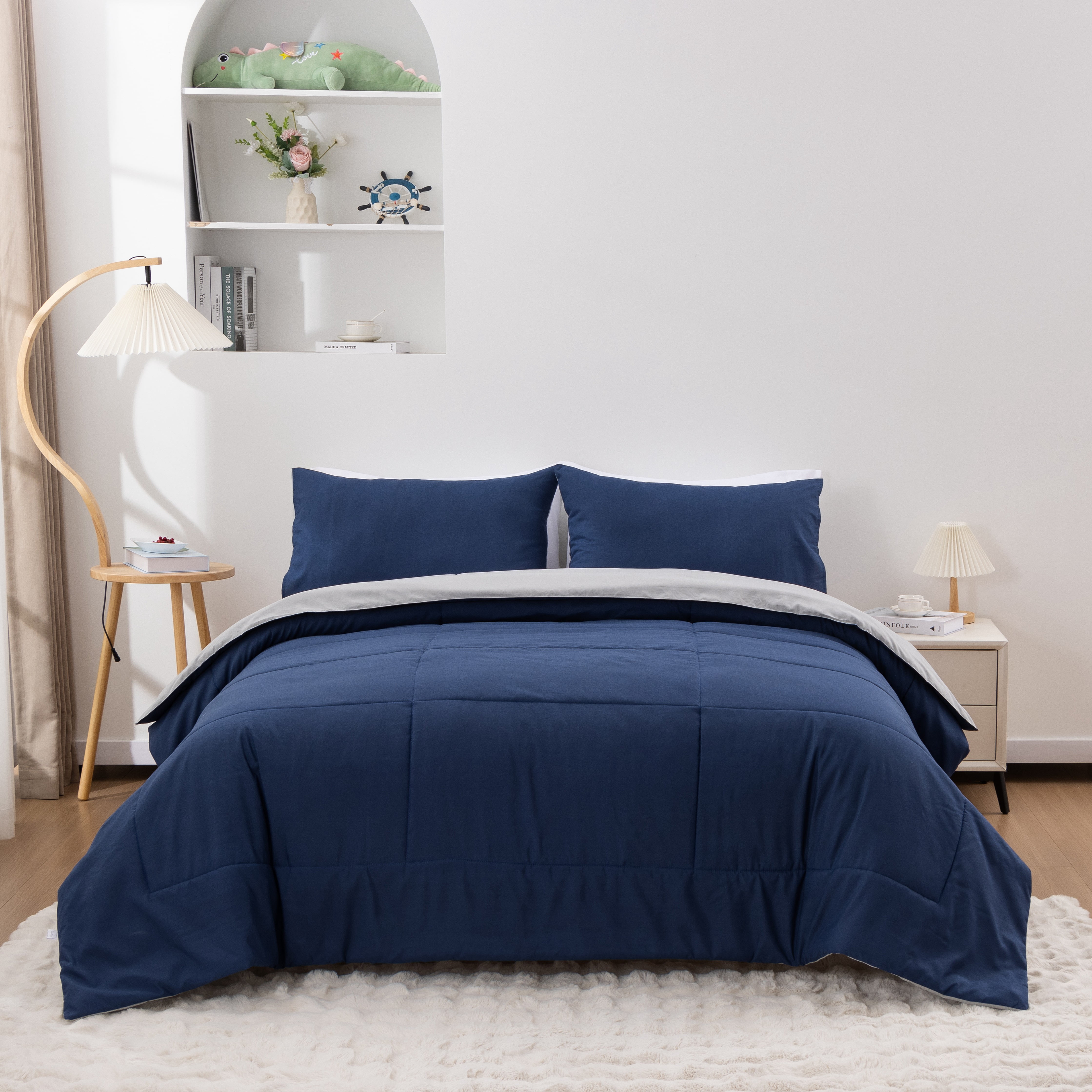 King Comforter Set All Season Reversible Bed Set with 2 Pillow Cases 3 Pieces Bedding Sets Down Alternative Blue/Gray Comforters