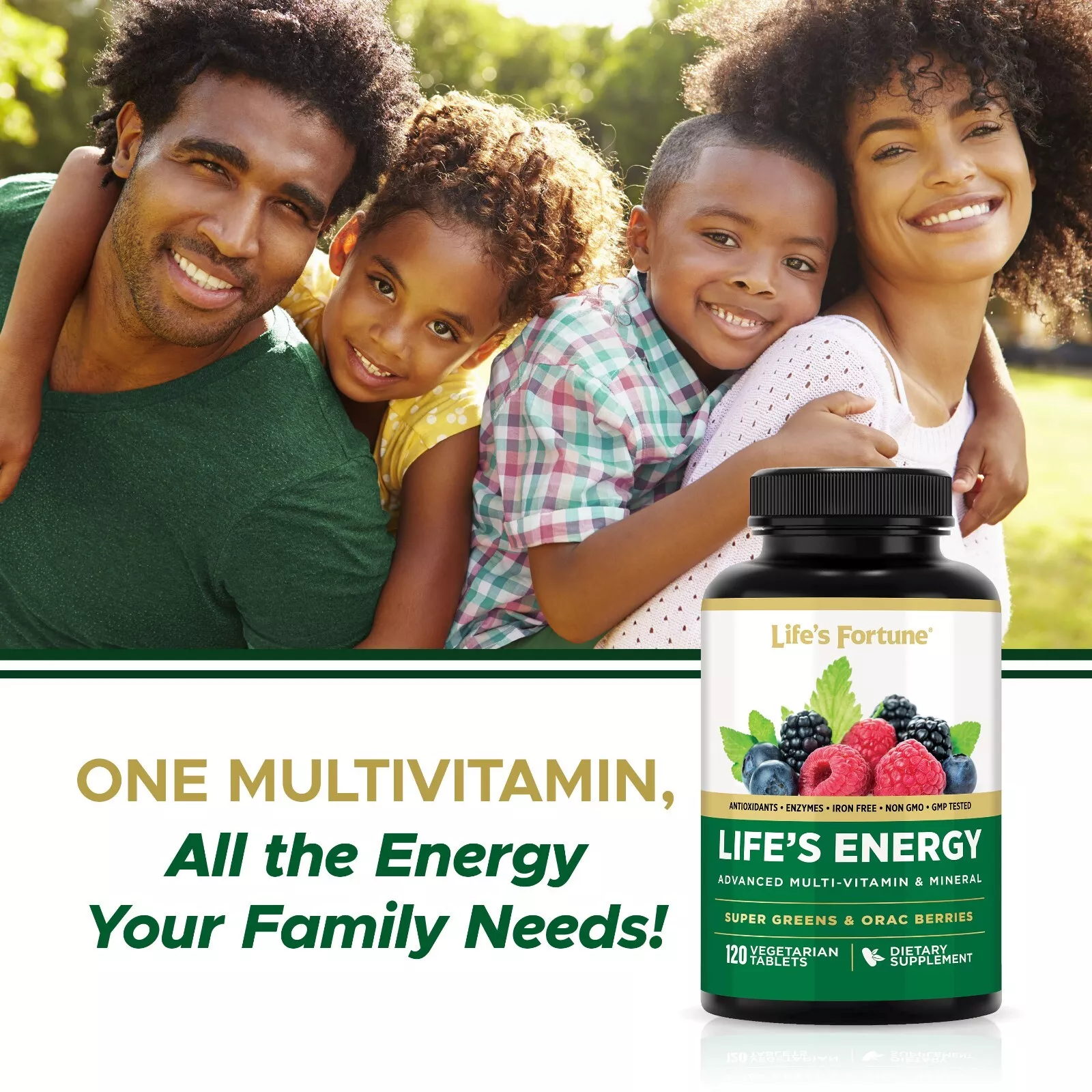 Life's Fortune Life's Energy Advanced Multi-Vitamin and Mineral Non-GMO - Super Greens - ORAC Berries - Antioxidants - Enzymes - Iron Free - GMP Tested, 120 Veggie Tablets