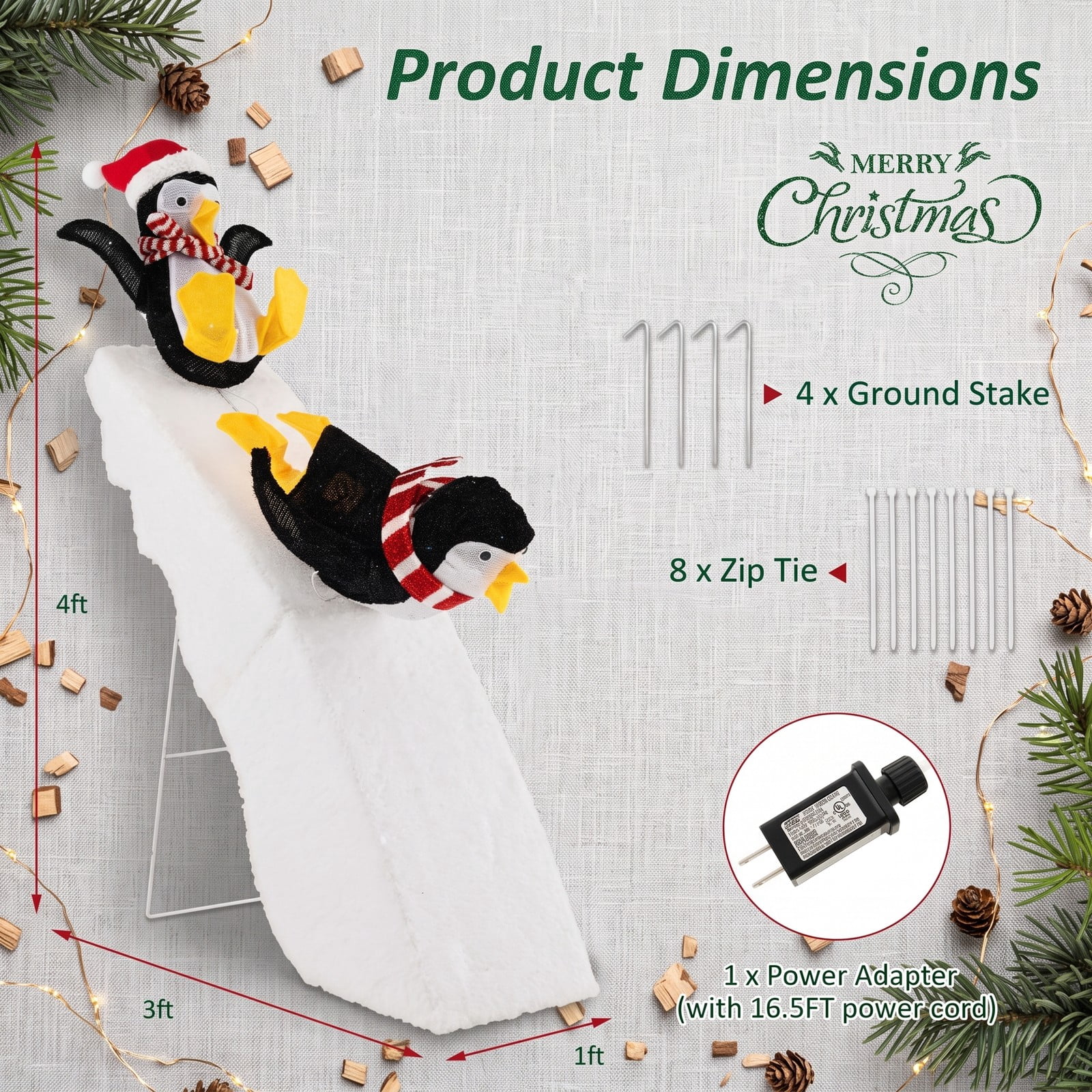 RUIE 4 Feet Christmas Penguin Ice Skating Decoration with Snowy Slide, 130 LED Lights Lighted Outdoor Indoor Holiday Yard Decor, Black White Yellow