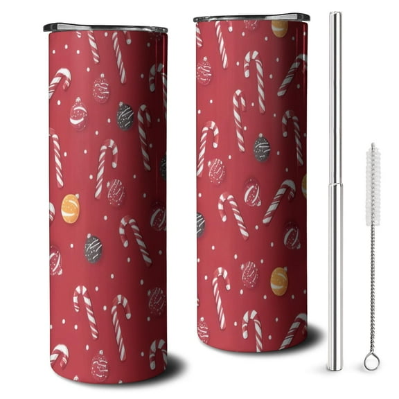 20oz Red Christmas Candy Cane Pattern Skinny Tumblers Stainless Steel Tumbler with Lid and Straw,Vacuum Insulated Double Wall Travel Tumbler Cups with Cleaning Brush for Coffee,Tea