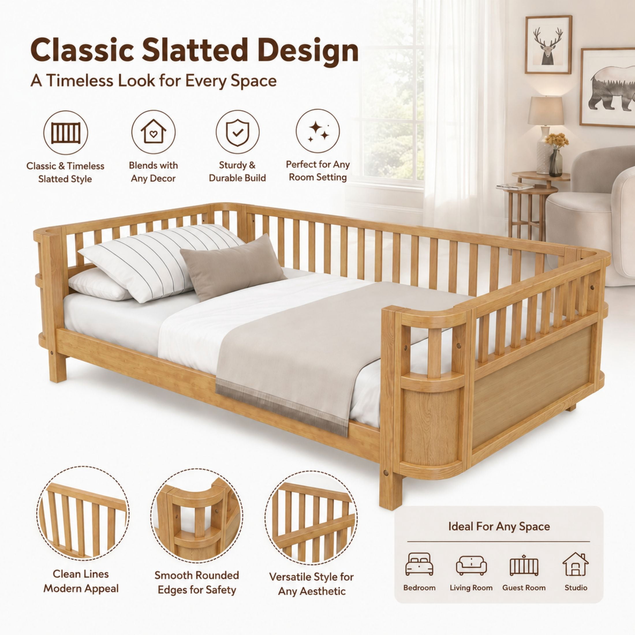 GDF Studio Darpel Full Size Wooden Montessori Bed Frame with Guard Rails, Pine Wood Low-Profile Floor Kids Bed, Natural