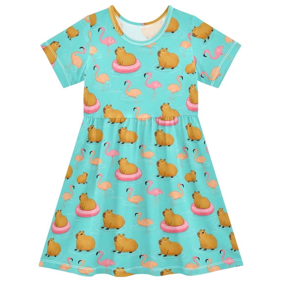 joogoo Cartoon Capybara Flamingo Girls' Short Sleeve Dress Kids Dresses 5-6T