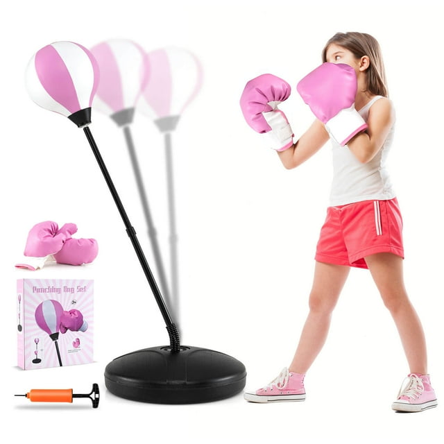 Costway Saco de boxeo para niños, soporte ajustable, guante de boxeo, pelota de velocidad con bomba, color rosa