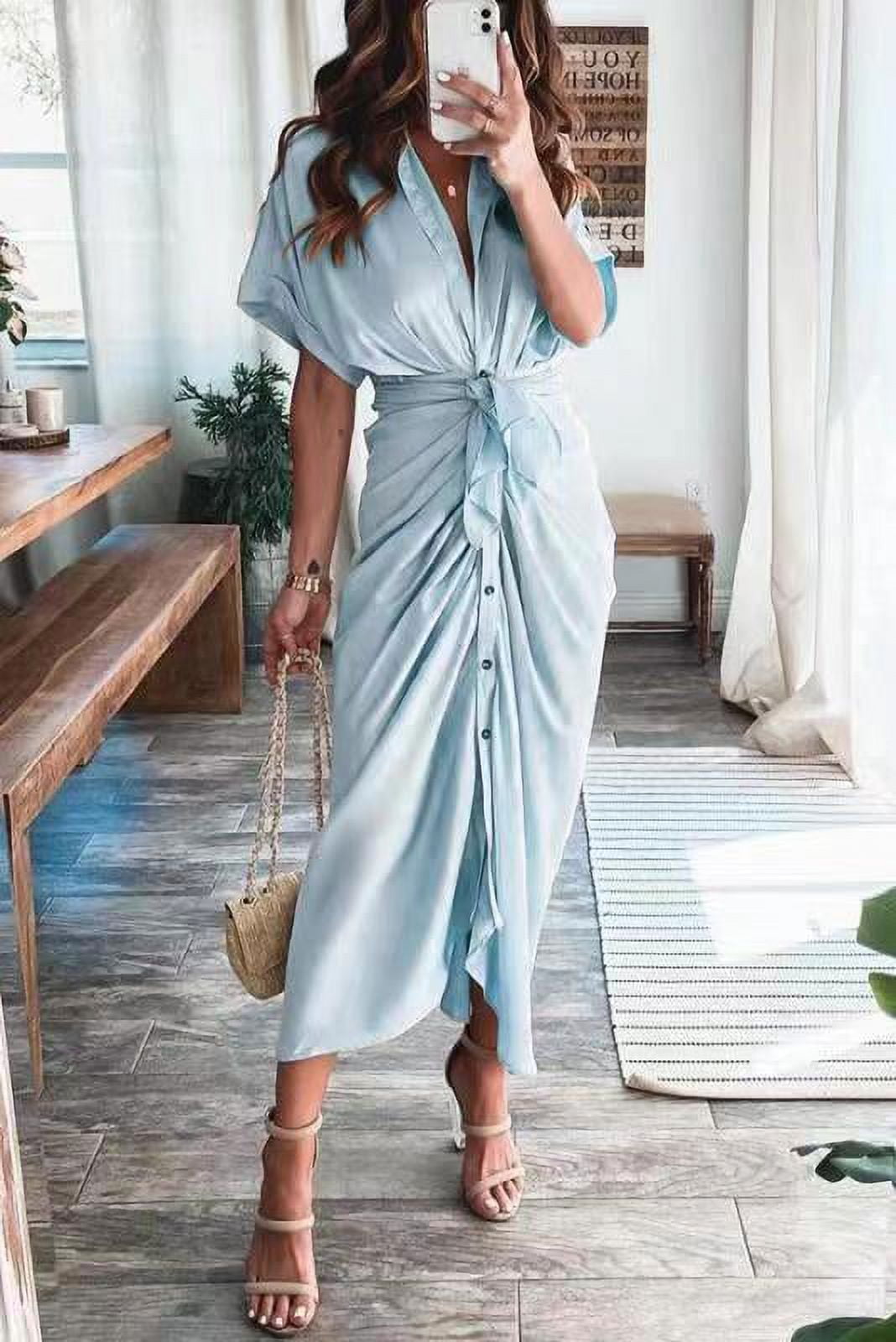 Women 2024 Button Down Ruched Shirt Dresses Short Sleeve Lapel V