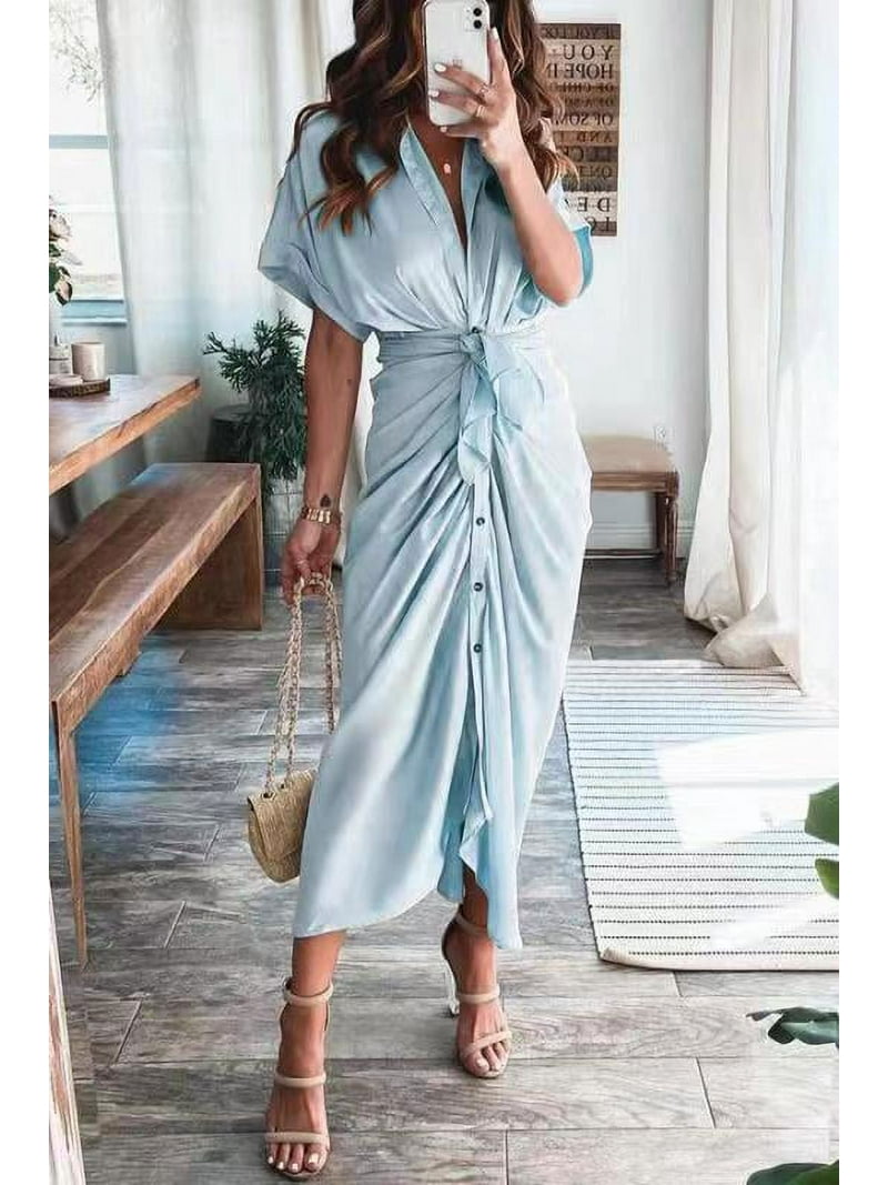 Women 2024 Button Down Ruched Shirt Dresses Short Sleeve Lapel V Neck  Elegant Party Spring Summer Maxi Satin Dress - Walmart.com