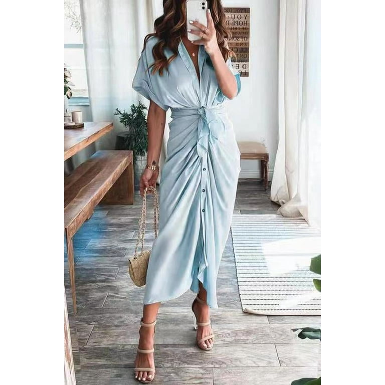 satin short sleeve shirt dress Women 2024 Button Down Ruched Shirt Dresses Short Sleeve Lapel V Neck  Elegant Party Spring Summer Maxi Satin Dress