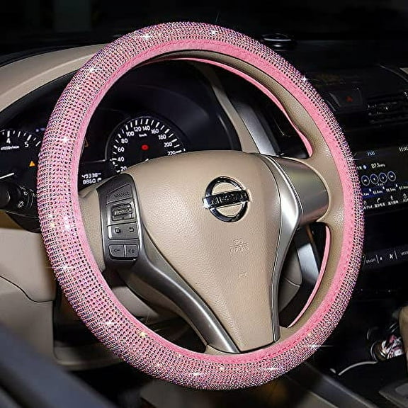 Carwales Car Bling Steering Wheel Cover for Women Girls Cute Pink 15 Inch Universal Colorful Crystal Rhinestone Diamond Rainbow Bling Accessories Anti-Slip Wheel Protector Pink