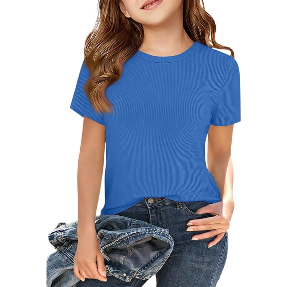 T-Shirts for Girls Ages 6-14 Ribbed Short Sleeve Round Neck Summer Casual Tops Blue 160