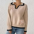 thumbnail image 5 of Women's Floral Lapel Contrast Stitch V-Neck Long Sleeve Pullover Knit Sweater, 5 of 9