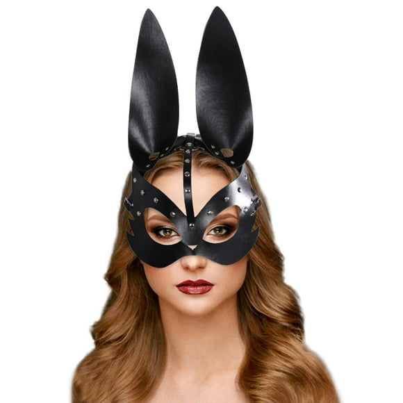 Punk Cat Fox Rabbit PU Leather Animal Half Face with Adjustable Strap for Masquerade Party (Black Bunny)