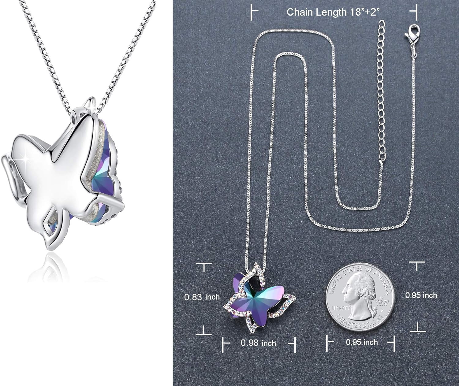 Leander Gift Butterfly Birthstone Crystal Necklace, Silver Tone with 18u201d+2u201d Chain, Necklace for Motheru2019s Day Anniversary Birthday Gifts for Women and Daughter
