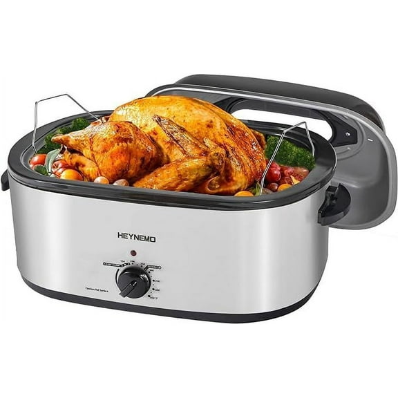HEYNEMO Electric Roaster, Roaster Oven 26 Quart with Self-Basting Lid, Turkey Roaster Oven with Removable Pan and Rack, Adjustable Temperature Control Powerful 1450W Stainless Steel, Silver
