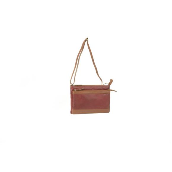 R&R Leather 2-229-4H-RET Ladies Luxor Leather 2 Top Zip & Front Slot Pocket Crossbody Bag, Red & Tan