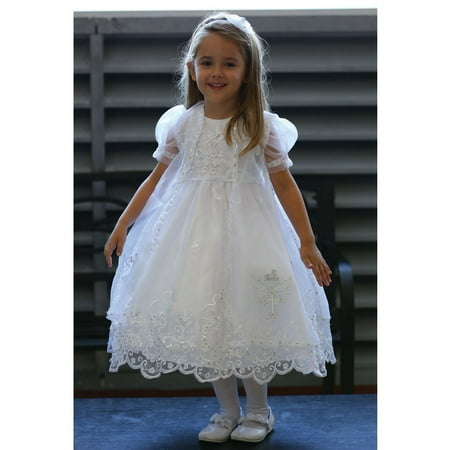 White Organza Overlay Baptism Dress Girls 6M-4T