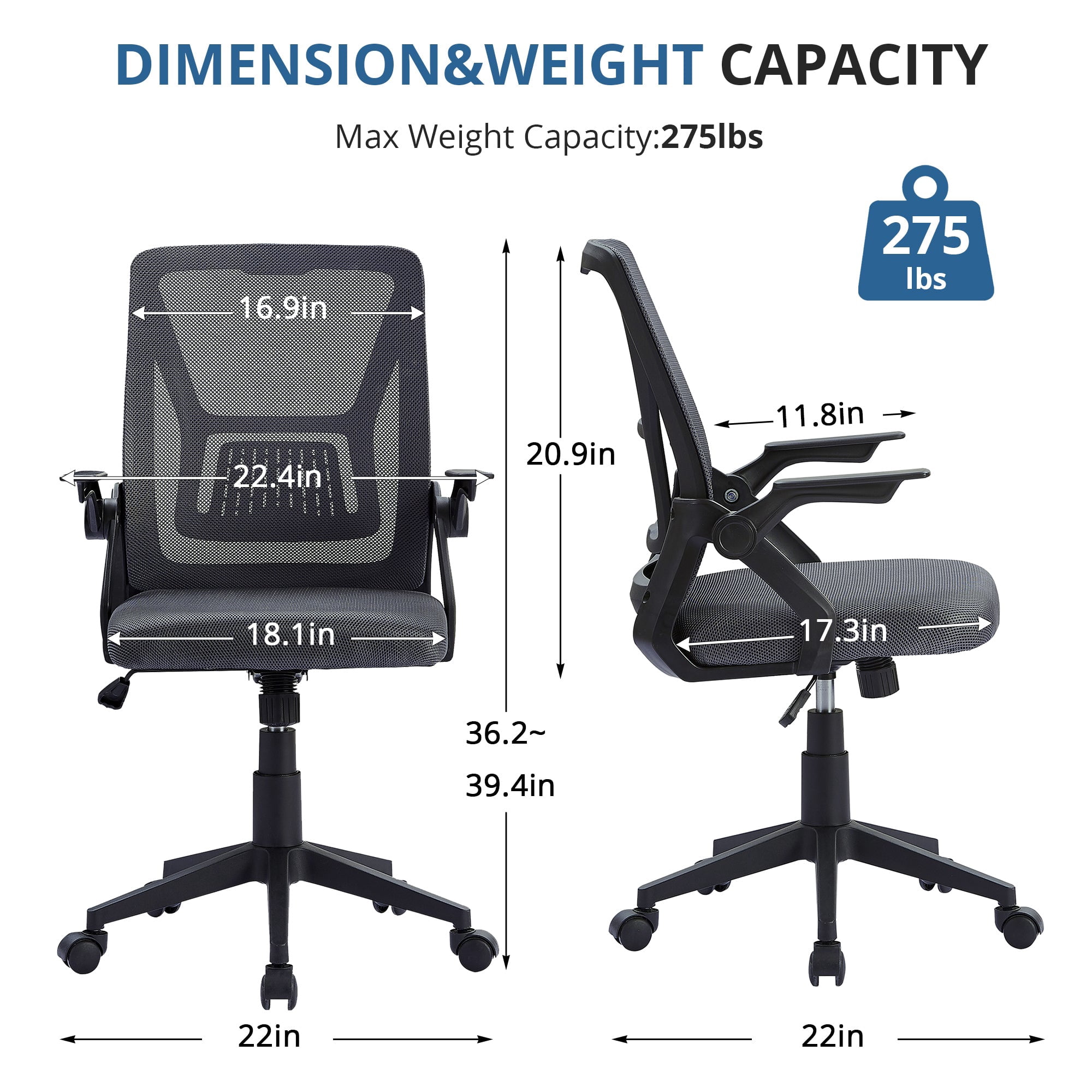 VECELO Mid-Back Swivel Adjustable Ergonomic Office Chair, Mesh Lumbar Support and Adjustable Arms Task Chair for Computer, Grey