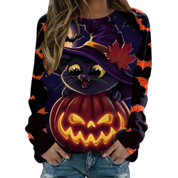 politicus Voorzichtigheid Cursus HUIJZG Halloween Sweatshirt for Women Casual Long Sleeve Cartoon Cat  Pumpkin Witch Printed Loose Tops Halloween Costume - Walmart.com