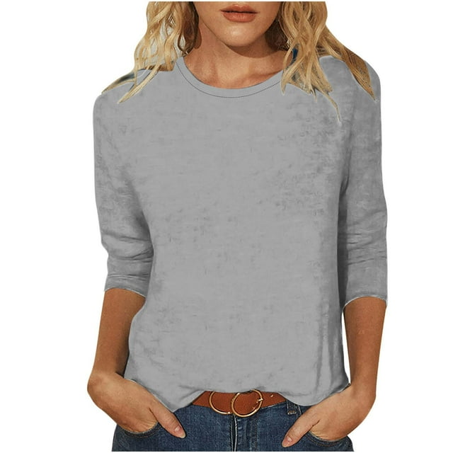 Besolor T-Shirts à Manches 3/4 pour Femmes, Blouse Basique Décontractée Unie Col Rond, Grande Taille, Tunique Été Printemps 2025