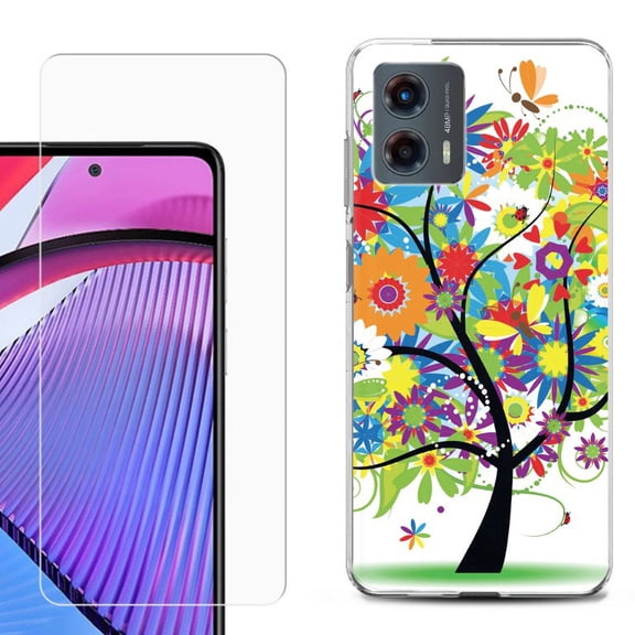 OneToughShield ® Compatible with Motorola Moto G 5G 2023, Shockproof Phone Case, with Tempered Glass Screen Protector - Colorful Tree
