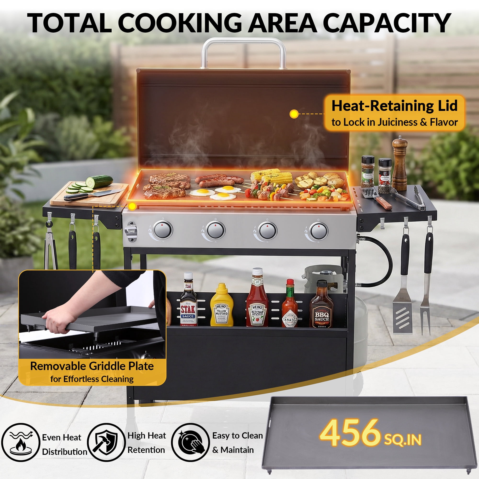Magic Union 4-Burner Heavy Duty Rolling Flat Top Propane Gas Griddle, Portable Griddle on Cart with Hood & Foldable Side Shelves, 32000 BTU 455 sq.in, for Outdoor Cooking, Camping & Tailgating