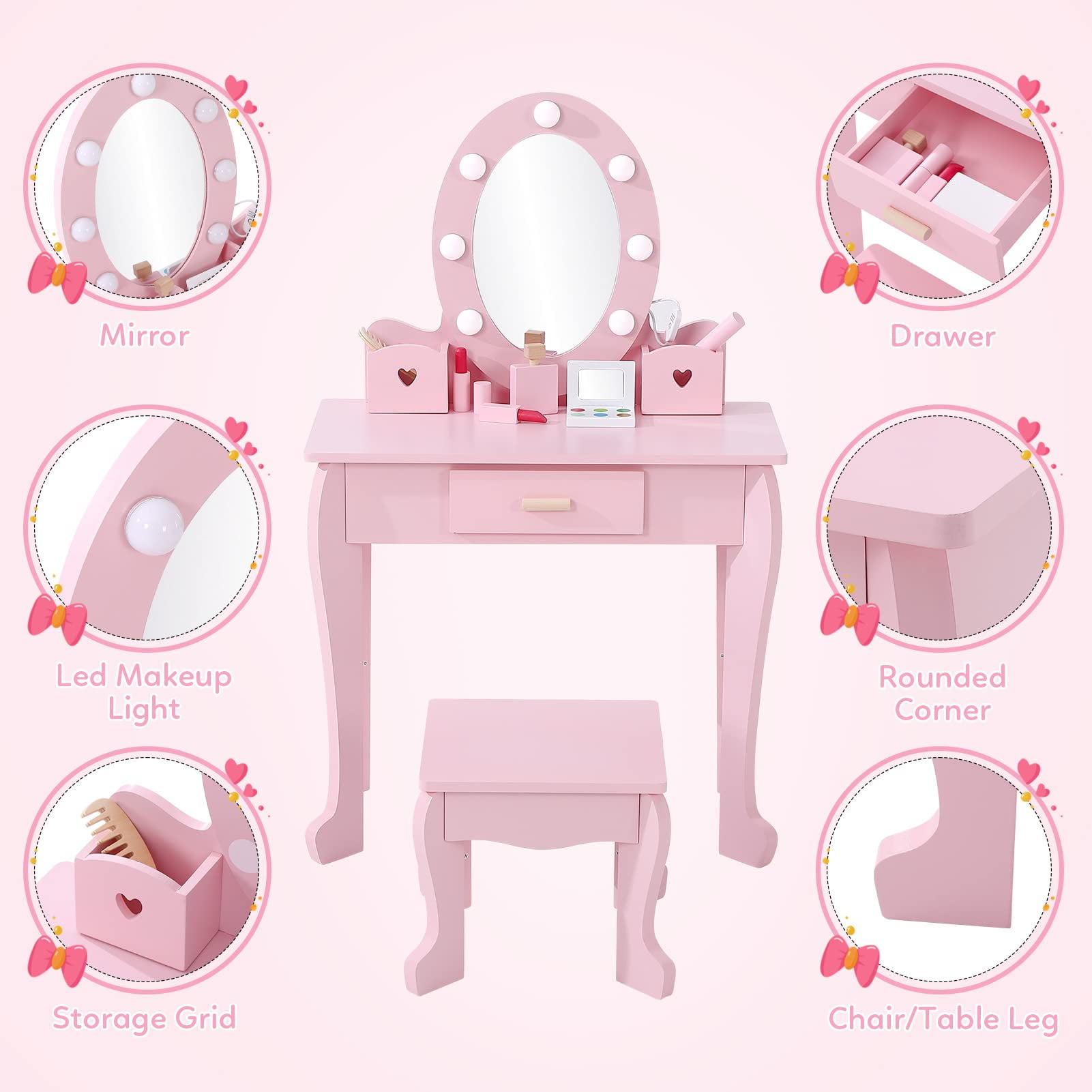 TROPOW Kids Vanity Set with Drawer and Stool, Girls Vanity Set with with Lights and Mirror for Girls, Wood Makeup Playset Birthday for Age 4-9 Years,Pink
