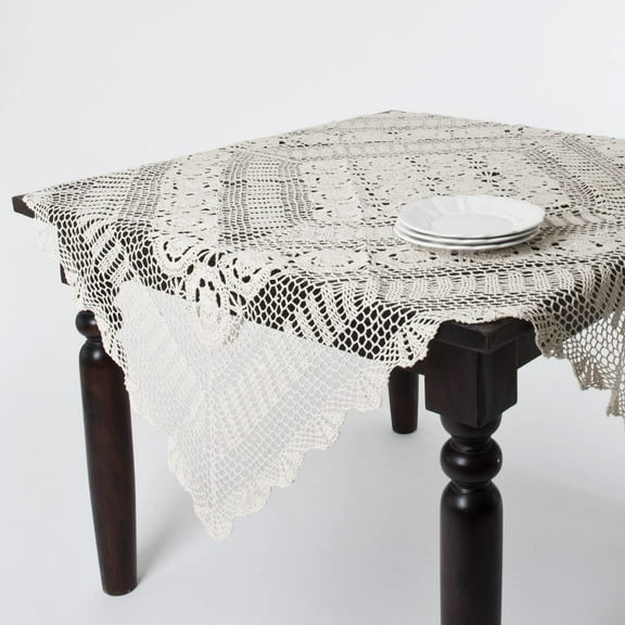 Fennco Styles Handmade Crochet Lace Cotton Tablecloth (45" Square Table Topper, Ecru)