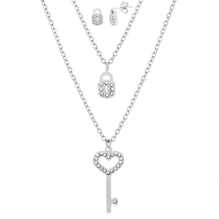 Silver-Tone Stainless Steel Cubic Zirconia Lock and Key Earring and Necklace Set