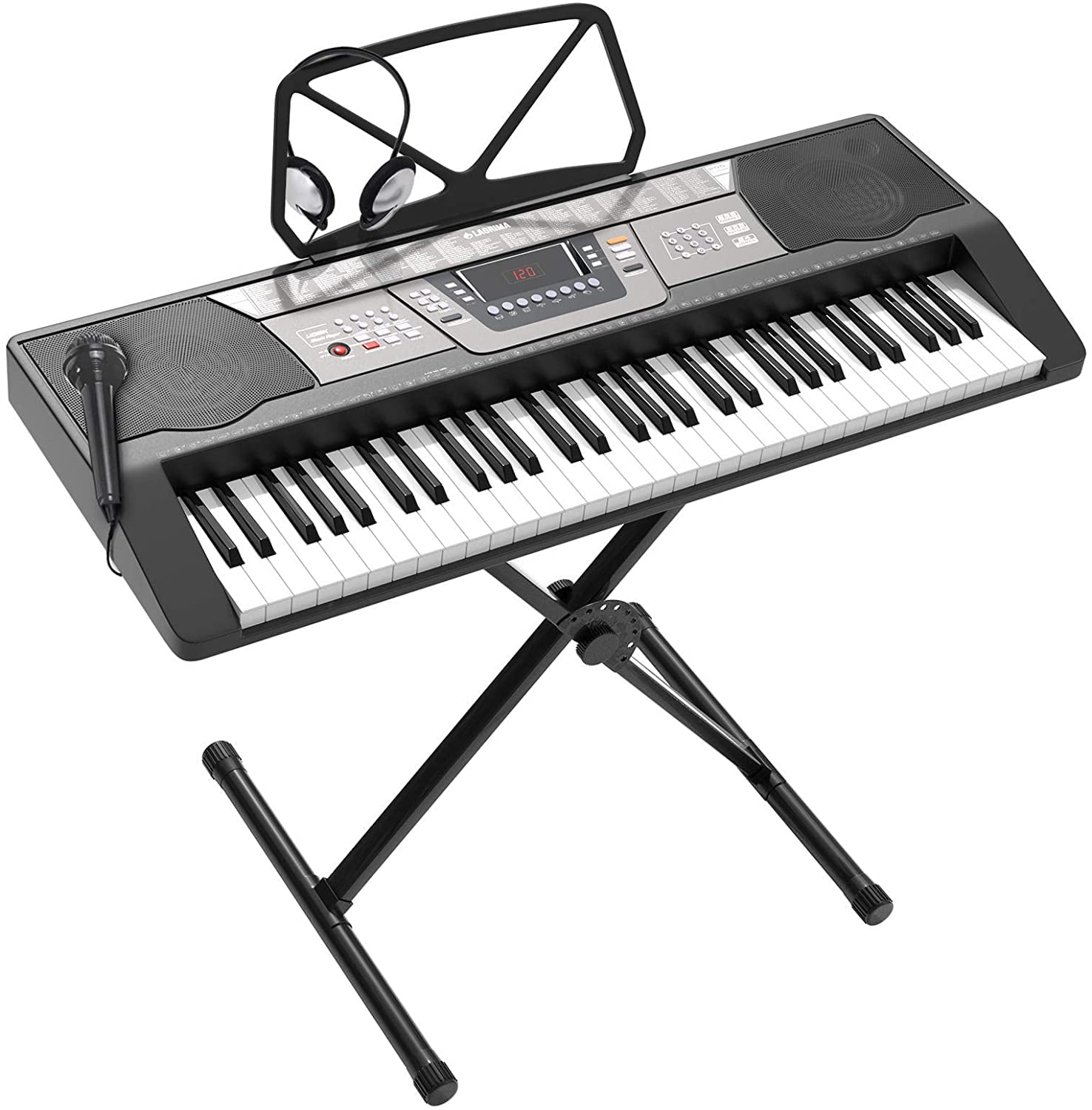 Black Digital Display Kid LAGRIMA LAG-350 61 Key Portable Electric Keyboard Piano w/Built In Speakers Recording Headphone Microphone Power Supply X Stand for Beginner Adult Music Stand 