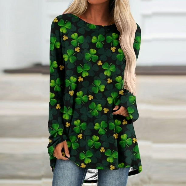 Up to 30% off, zanvin St Patricks Day Tops Tunics for Women to Wear with  Leggings, Casual Loose Fit Crew Neck Long Sleeves T Shirt,Green,M