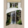 thumbnail image 3 of Nature Duvet Cover Set, Photo of Waterfall Forest Jungle Corleone Sicily Rocks Trees Grass Landscape, Decorative 3 Piece Bedding Set with 2 Pillow Shams, Queen Size, Brown Green White, by Ambesonne, 3 of 3