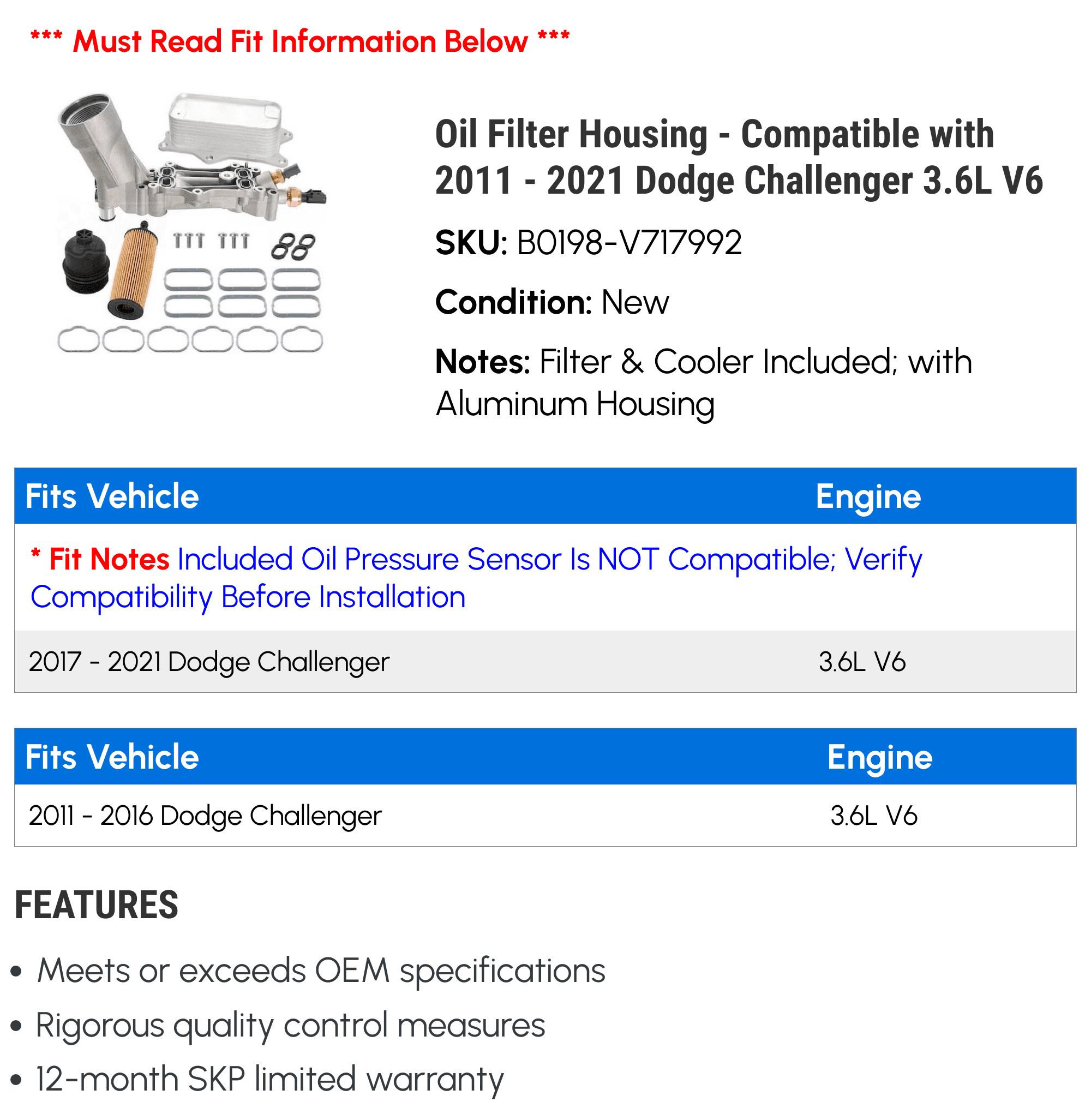 Oil Filter Housing - Compatible with 2011 - 2021 Dodge Challenger 3.6L V6 2012 2013 2014 2015 2016 2017 2018 2019 2020