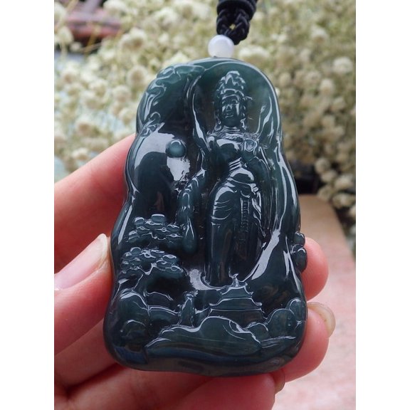 Certified Icy Green Blue Water Burma Natural A Jade jadeite Pendant Guanyin Kwan Yin Lotus Flower Necklace 588322 TN